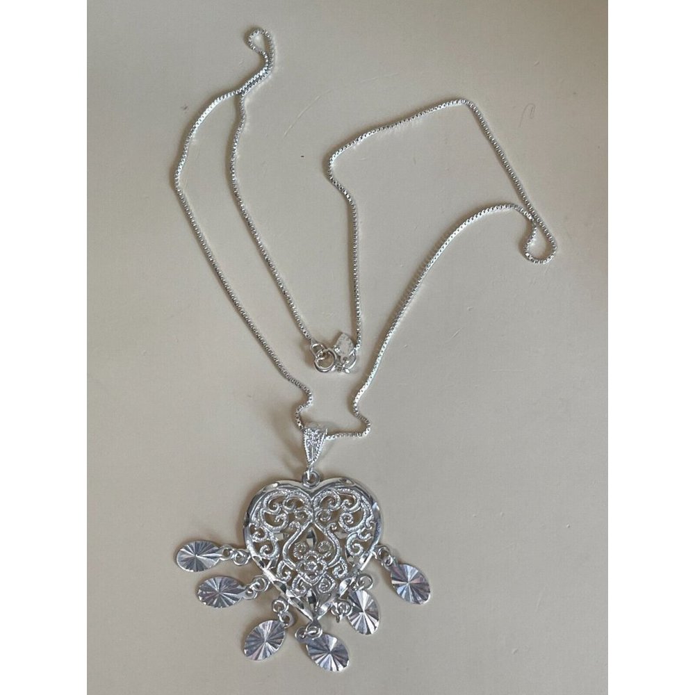 Valentine Dangling Heart Sterling Filigree Necklace 925 Turkey 16" - Picture 8 of 15